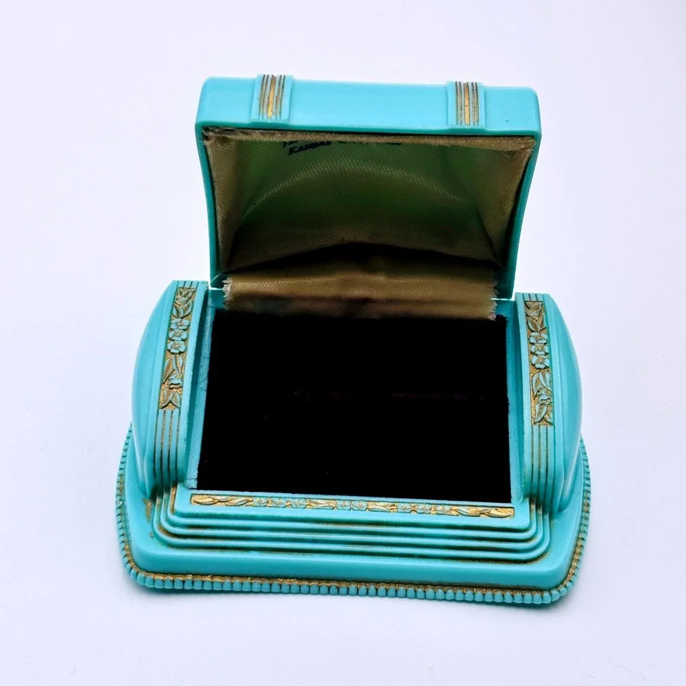 Vintage Dunn's Art Deco Turquoise Gold Floral Ring Box Kansas City MO 1930s
